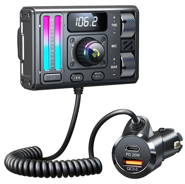 Player muzical auto, MP3, Bluetooth 5.3, AUX, PD 20W, QC 3.0, plug and play, portabil, negru