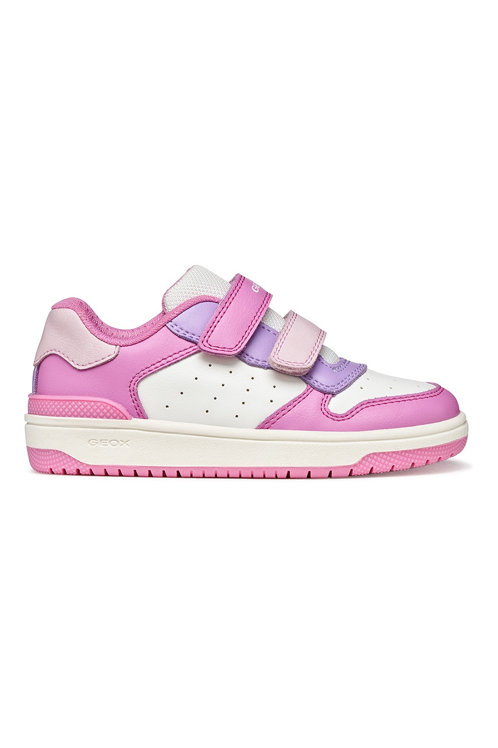 Geox, Pantofi sport Washiba din piele ecologica cu model colorblock, Alb, Roz, Violet pastel, 29 EU