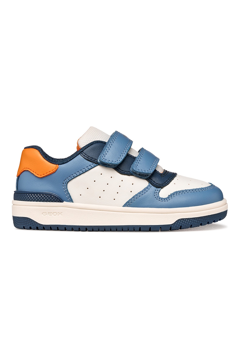 Geox, Pantofi sport Washiba de piele ecologica cu velcro, Alb, Albastru stins, 27 EU