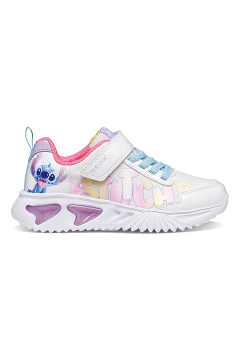 Geox, Pantofi sport de piele ecologica cu imprimeu Stitch si LED-uri, Alb/Roz