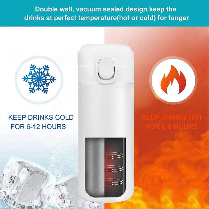 Termos din otel inoxidabil, 450ml, design cu vacuum, rezistent la scurgeri, pentru bauturi calde sau reci