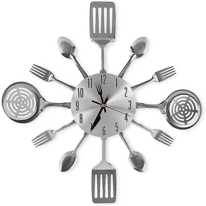 Dekoratív falióra, evőeszköz design, ezüst, 41.4x4.2x41.4cm