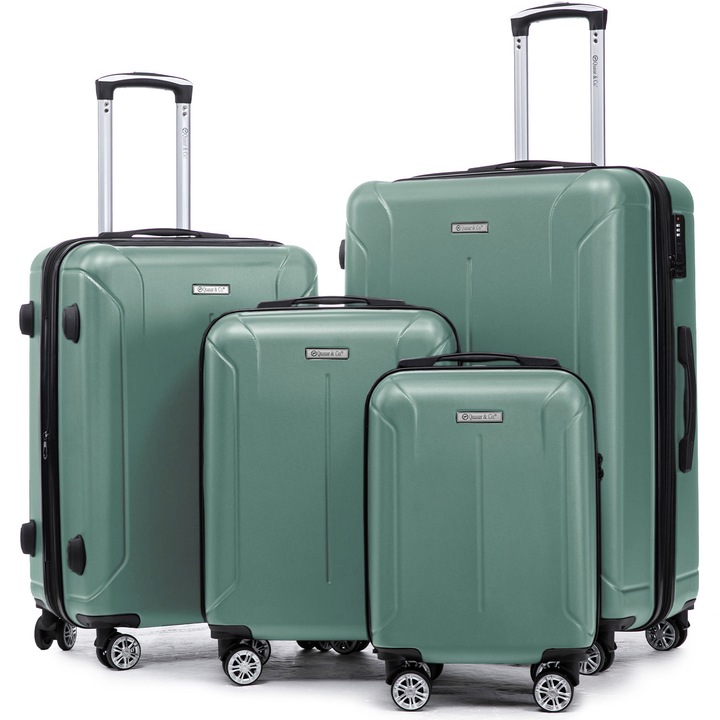 Комплект куфари Quasar & Co., Модел SMART, Размер XS/S/M/L, ръчен/регистриран багаж, Цип против кражба, Шифър, Телескопична дръжка, 4 колелца 360°, ABS, Тюркоаз, 4 бр