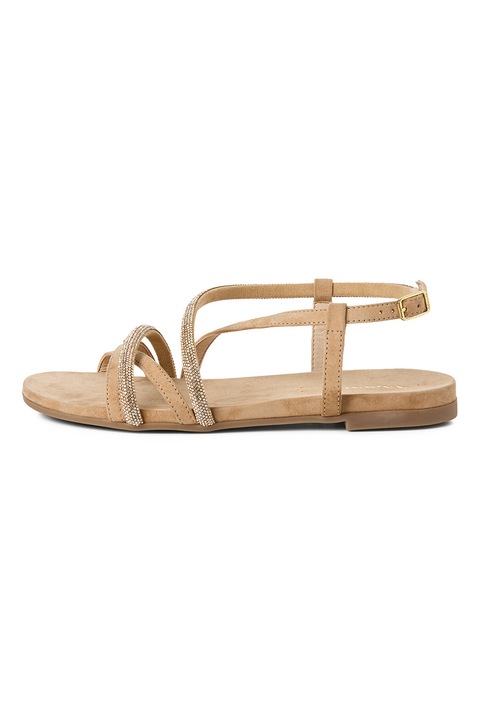 Tamaris, Sandale din piele si piele ecologica cu barete multiple, Maro nisip
