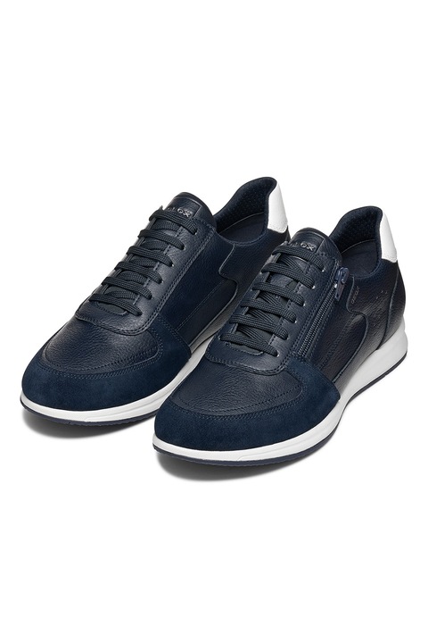 Geox, Pantofi sport cu garnituri din piele intoarsa si sireturi, Albastru ultramarin