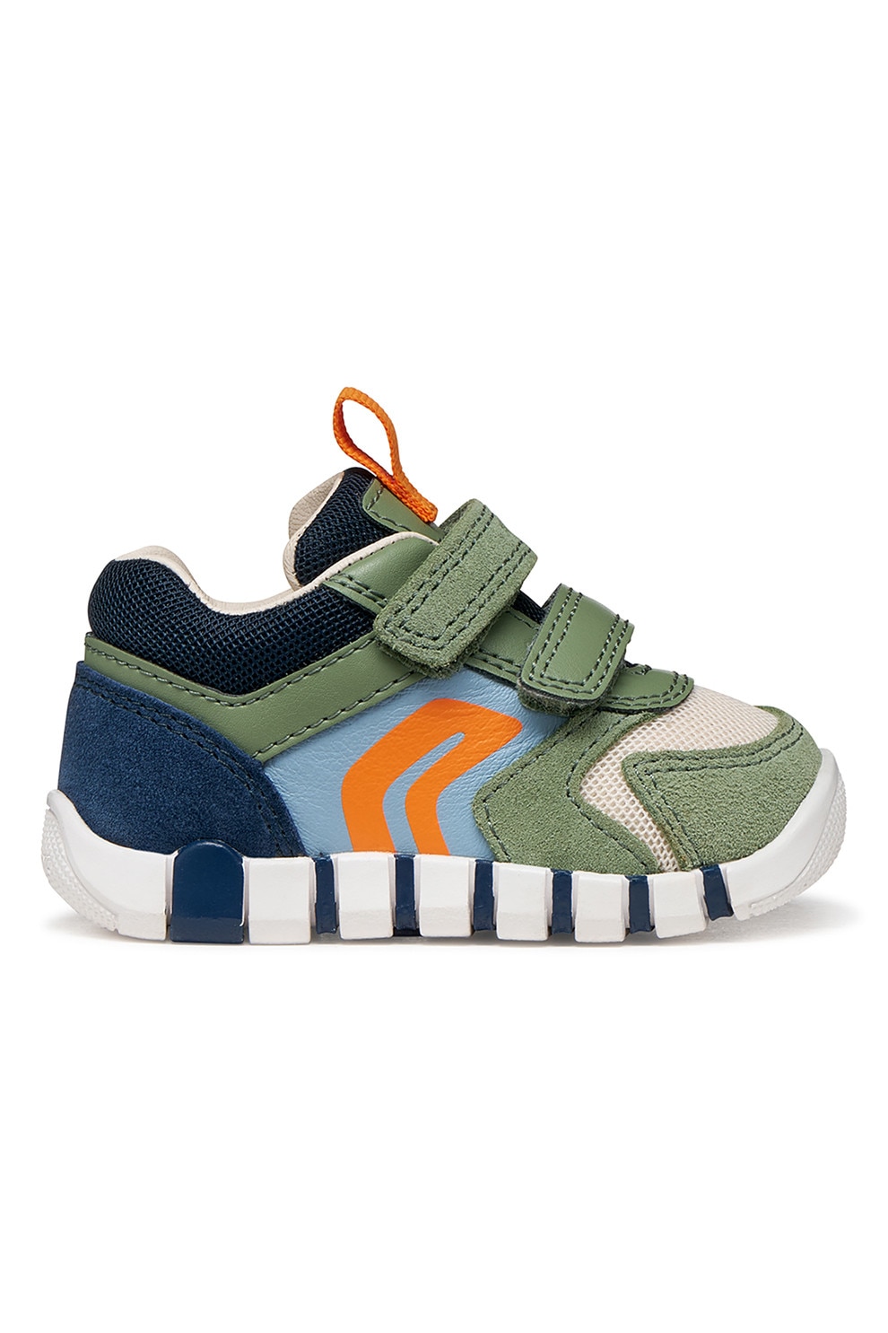 Geox, Pantofi sport Iupidoo cu velcro si garnituri de piele intoarsa, Portocaliu, Kaki, Bleumarin, 22 EU
