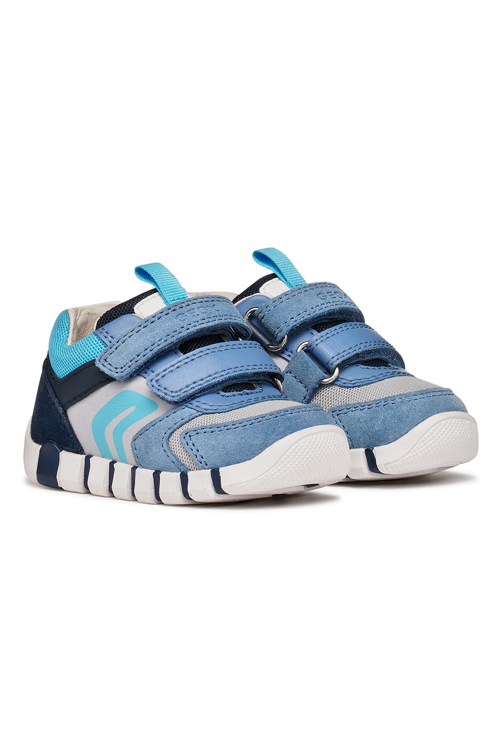 Geox, Pantofi sport Iupidoo cu velcro si garnituri de piele intoarsa, Gri, Albastru prafuit, 20 EU