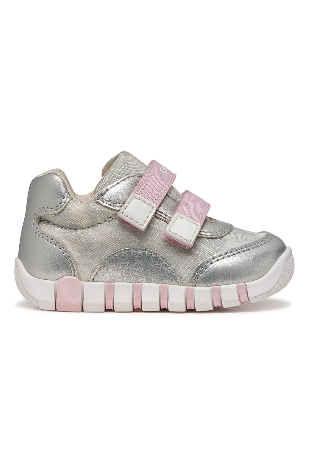 Geox, Pantofi sport Iupidoo cu velcro si insertii stralucitoare, Roz, Argintiu, 25 EU