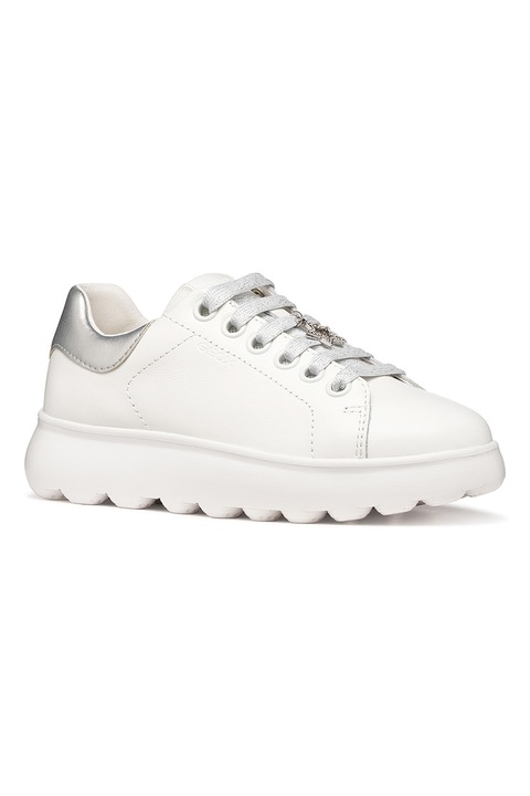 Geox, Pantofi sport Puffypop de piele cu garnituri de piele ecologica, Alb/Argintiu