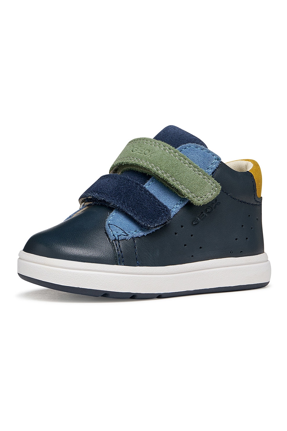 Geox, Pantofi sport de piele cu insertii de piele intoarsa si velcro, Albastru ultramarin, Galben sofran, 20 EU