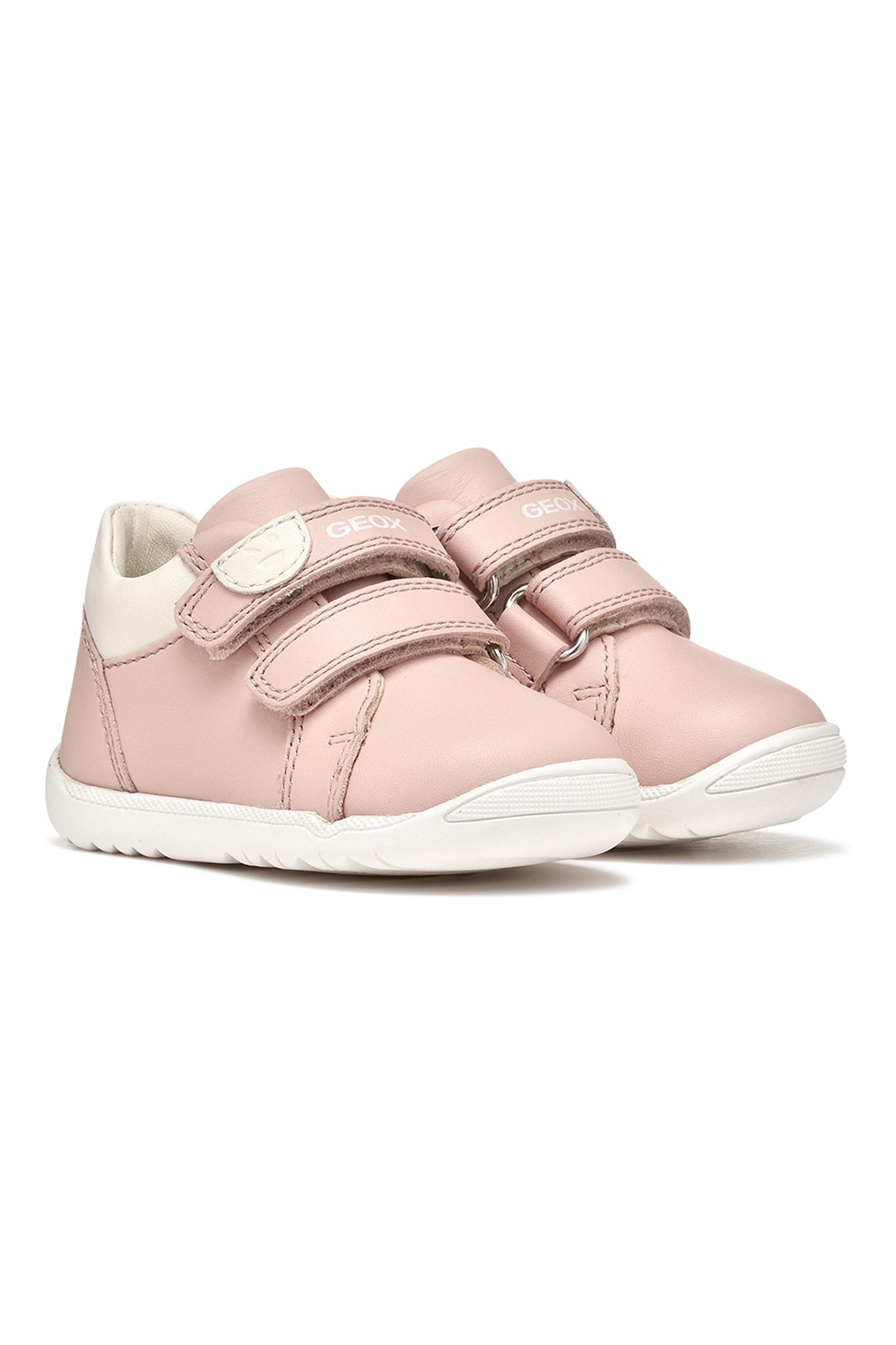 Geox, Pantofi sport Macchia de piele cu velcro, Alb fildes, Roz prafuit deschis, 22 EU