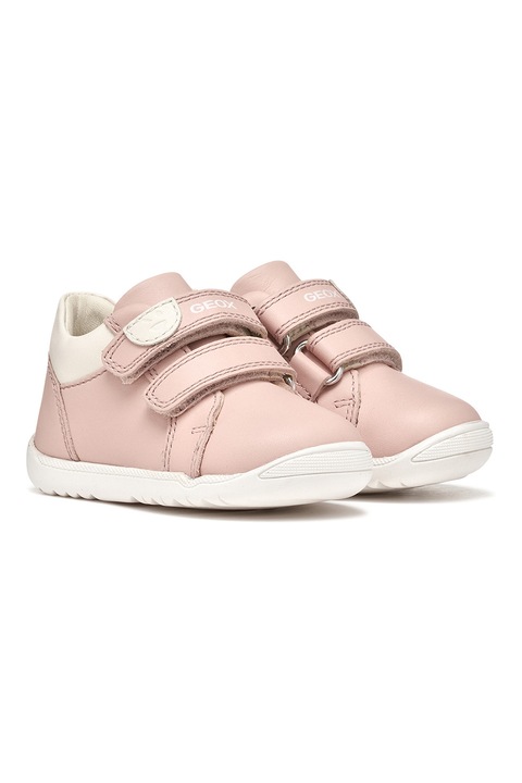 Geox, Pantofi sport Macchia de piele cu velcro, Alb fildes/Roz prafuit deschis