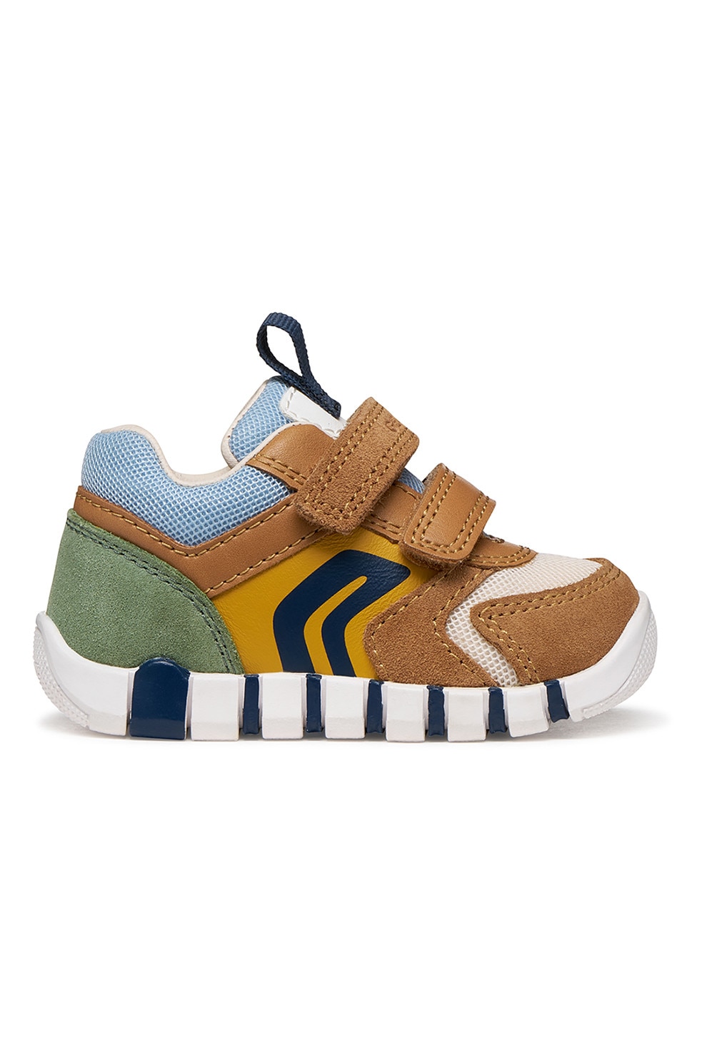 Geox, Pantofi sport Iupidoo cu velcro si garnituri de piele intoarsa, Caramel, Verde sparanghel, Ocru, 25 EU