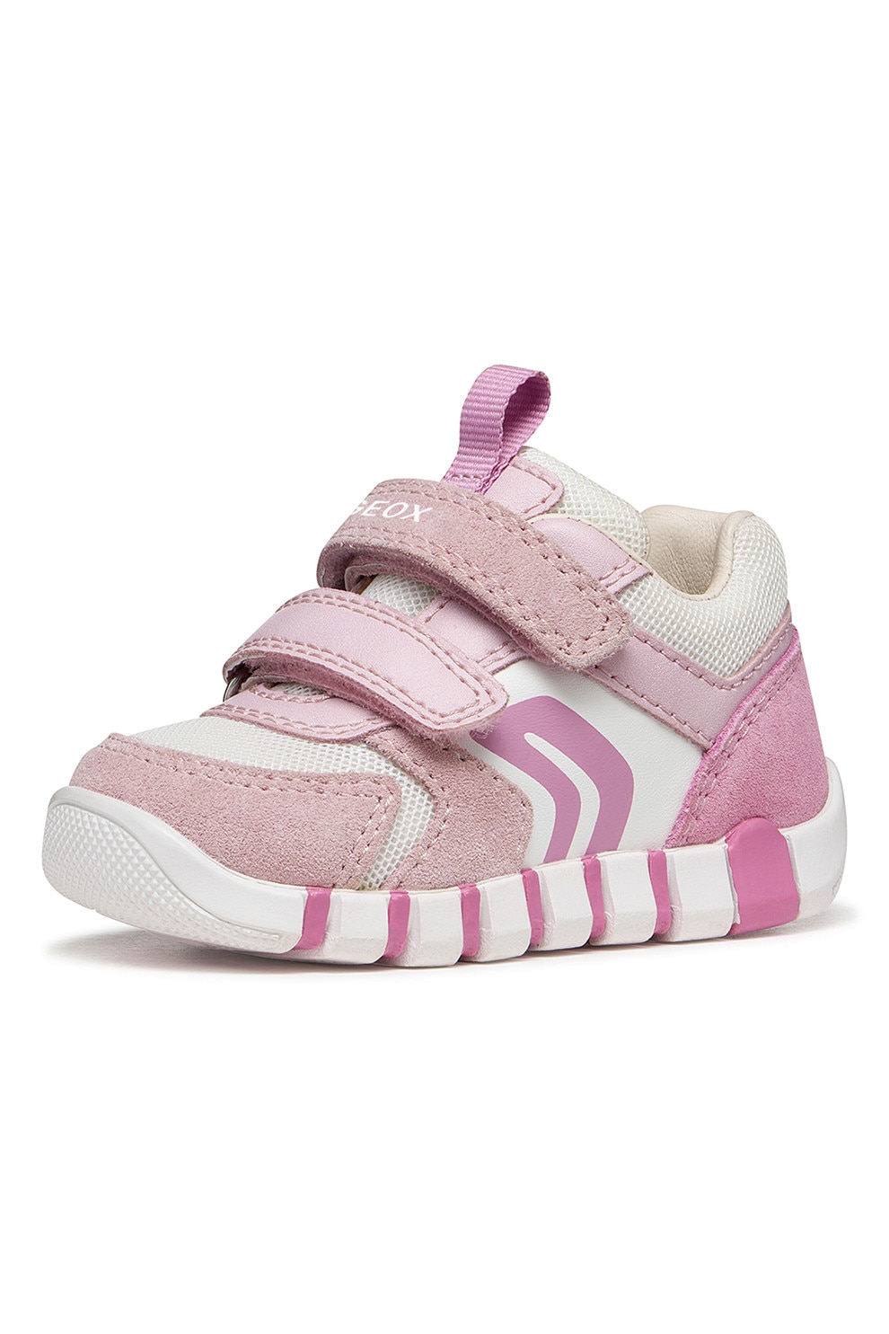 Geox, Pantofi sport Iupidoo cu velcro si insertii de piele intoarsa, Roz, Bej deschis, 20 EU