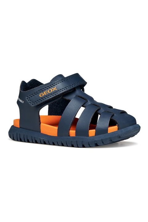 Geox, Sandale impermeabile de piele ecologica Fusbetto, Albastru ultramarin/Portocaliu mandarina