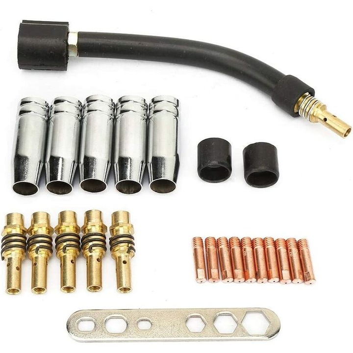 Set accesorii sudura, 10 contacte 0.8 mm, 5 duze gaz, 5 suporturi, 2 mansoane izolante, 1 cheie, 1 gat de lebada