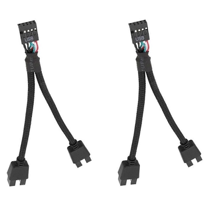 Splitter USB 2.0 9 Pin, 2 bucati, cablu protejat, lungime 15cm, culoare neagra