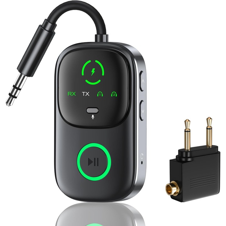 Adaptor Bluetooth 5.4 2 in 1 Emisor & Receptor, Versiune Noua Low Latency, Conectare Dubla, Jack 3.5mm, Compatibil TV Avion Auto Casti AirPods