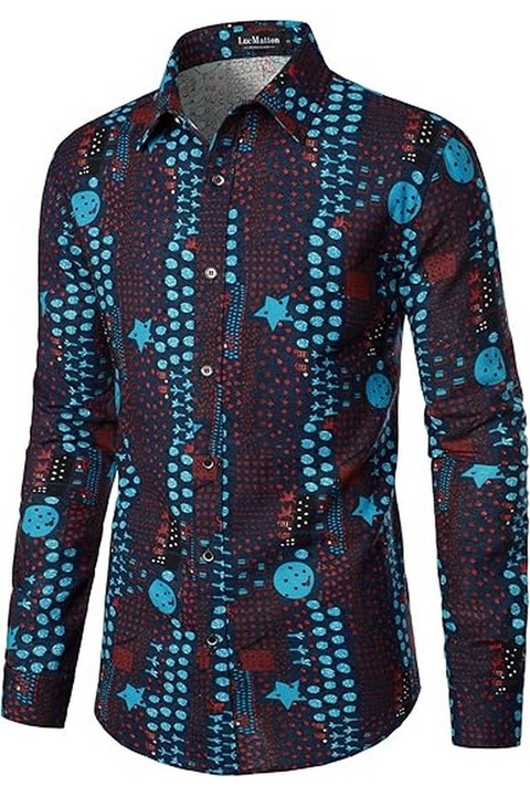 Camasa pentu barbati vintage in stil anii '70, cu imprimeu, maneca lunga, cu nasturi, bleumarin, marimeS, LucMatton