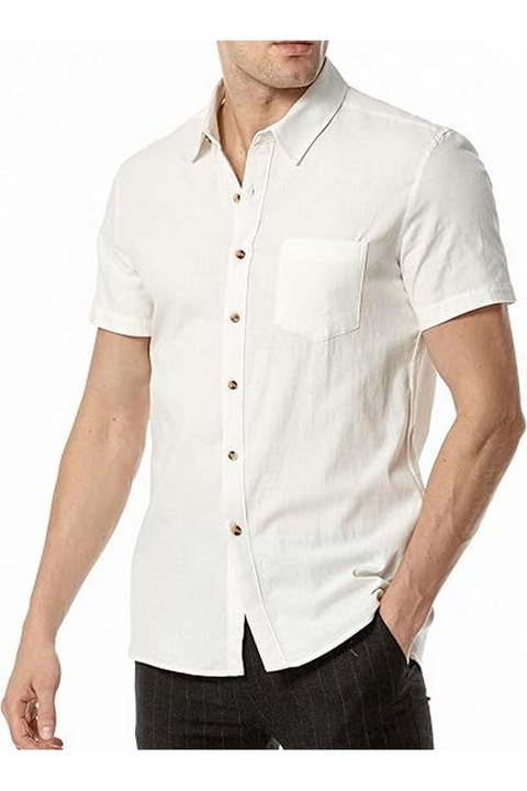 Camasa pentru barbati, din bumbac si in, cu maneca scurta, slim fit, cu nasturi si buzunare, alb, marime S, LucMatton