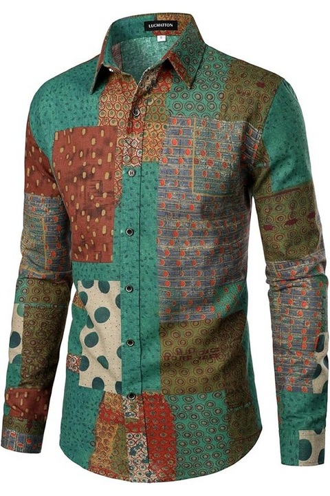 Camasa pentru barbati din in, eleganta, cu imprimeu traditional african, cu maneca lunga si nasturi, verde, marime M, LucMatton