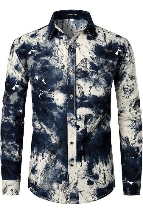 Camasa pentru barbati din in, eleganta, cu imprimeu traditional african, cu maneca lunga si nasturi, albastru, marime 3XL, LucMatton