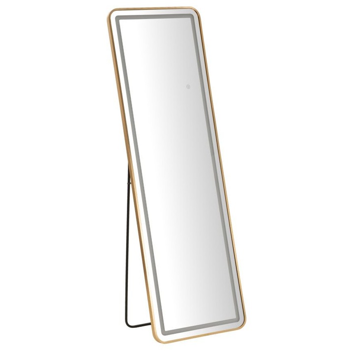 Egyszerű, téglalap alakú LED-es álló tükör, 50x3-38x160 cm (3 színű fénnyel), arany