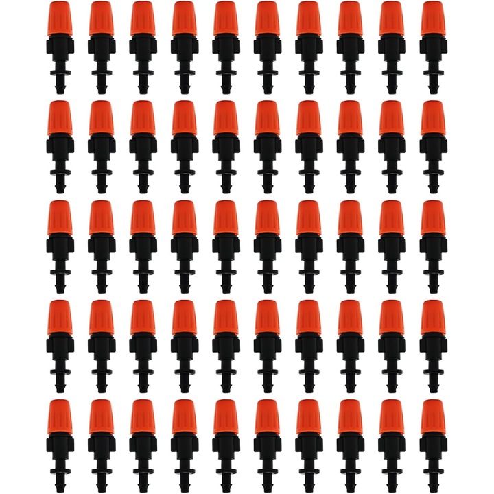 Set 50 duze de pulverizare pentru irigare micro, Nierbo®, plastic, negru + portocaliu, 4mm/7mm, pentru Irigare, Efect Atomizant
