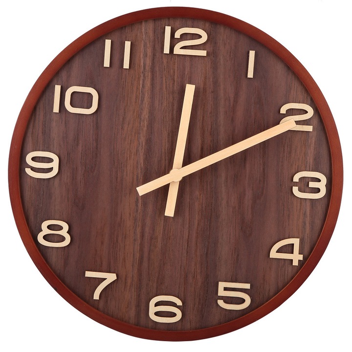 Ceas decorativ rotund, nuanta nuc, mecanism silentios, MDF cu folie de lemn masiv, 30x30cm