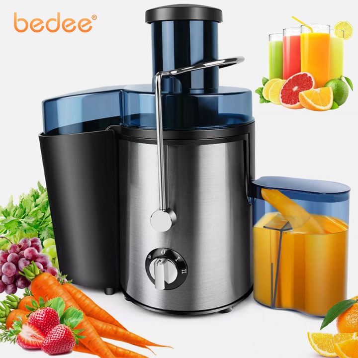 Storcator de fructe si legume, centrifugal, Bedee, 1000W, recipient suc 500 ml, Control cu ​​doua viteze, tub de alimentare 65 mm, Design antiderapant, de siguranta, Storcator Metal pentru Portocale si Fructe Citrice, negru/argintiu