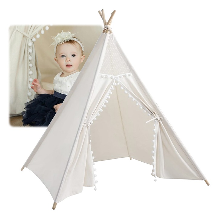 Cort de joaca tipi pentru copii, dimensiuni 180x150x120cm, material textil rezistent si lavabil, usor de asamblat si demontat, portabil cu geanta transport, utilizabil interior si exterior, Alb