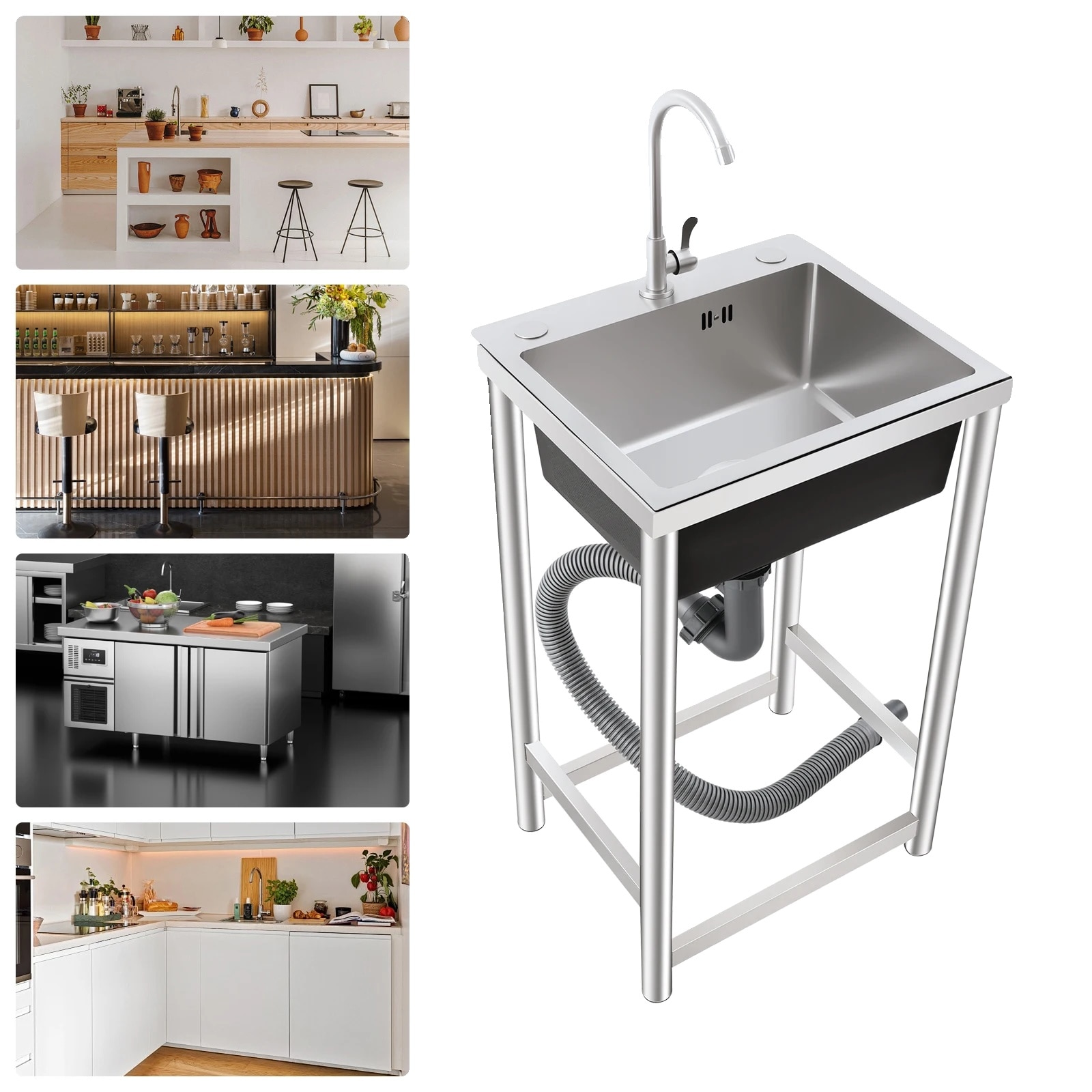 Chiuveta utilitara, design freestanding, o singura cuva, inox, argintie ...