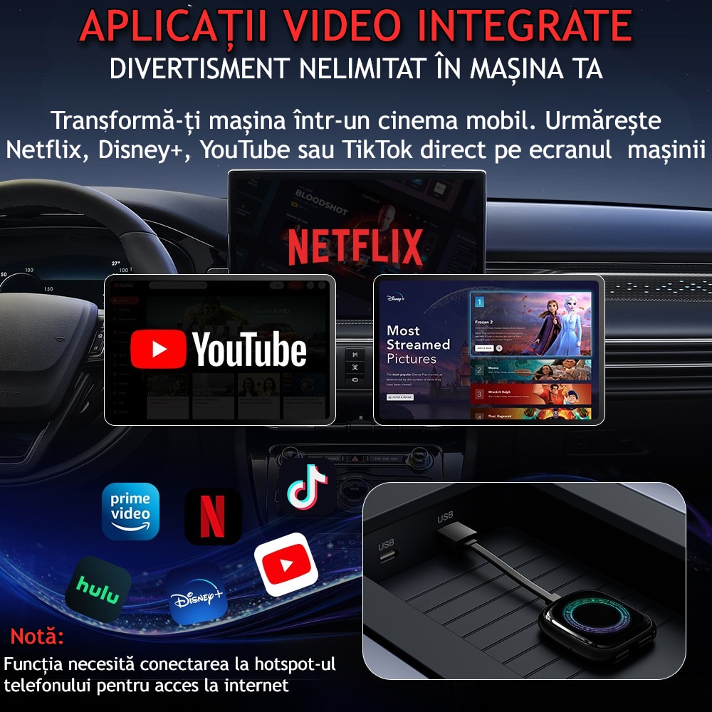 Modul auto AI Box Android, Wireless CarPlay & Android Auto, 4GB