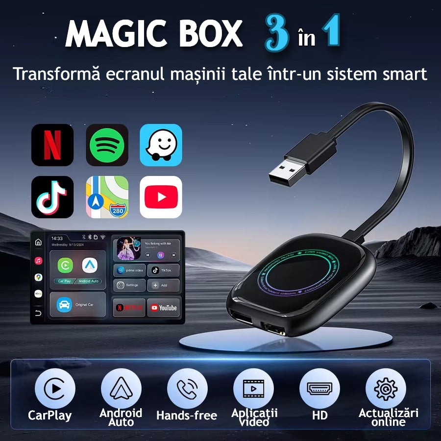 Modul auto AI Box Android, Wireless CarPlay & Android Auto, 4GB