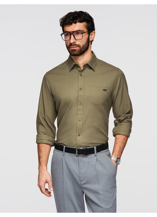 Camasa din bumbac cu buzunar OMBRE K695, Kaki