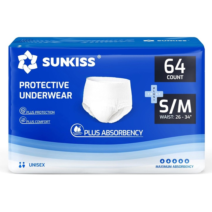 Еднократно абсорбиращо бельо SUNKISS TrustPlus, допълнителна защита, устойчиво на миризми, размер S/M, комплект от 64 броя