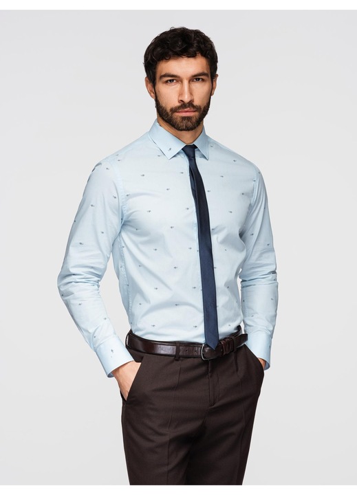 Camasa clasica din bumbac SLIM FIT cu model micro peste OMBRE K696, Albastru deschis