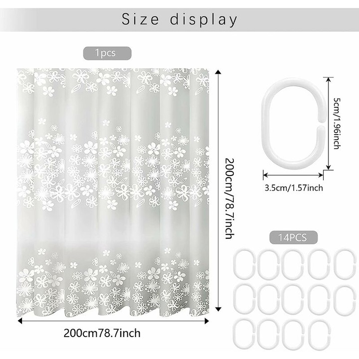 Perdea de dus, 200x200cm, impermeabila, antibacteriana, cu 14 inele de prindere