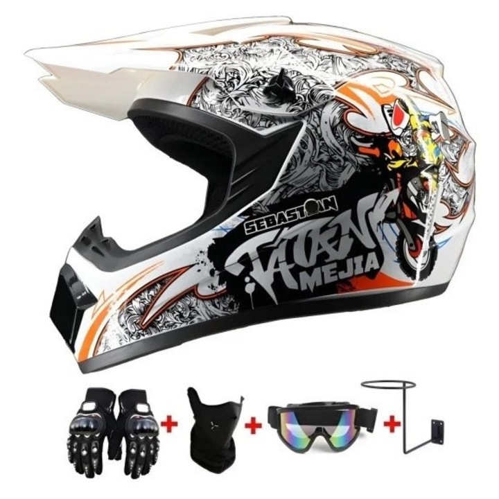 Комплект Каска Крос Себастиан MX, с Ръкавици, Очила, Балаклава и Стойка за Стена за Мотоциклети, Мръсни Байкове, Ендуро, ATV, Размер XS - Flytec