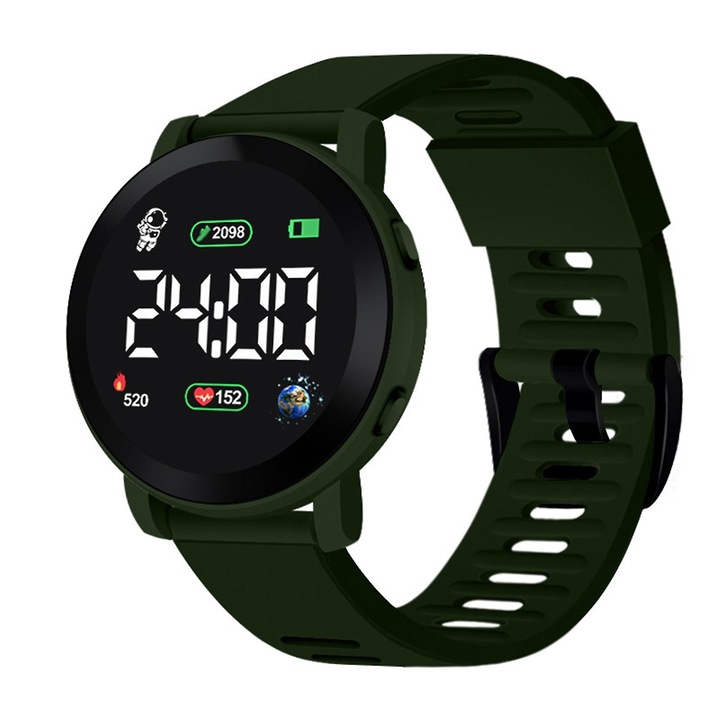 Ceas digital pentru copii, impermeabil, design sportiv, ecran LED, verde militar, set 1 buc.