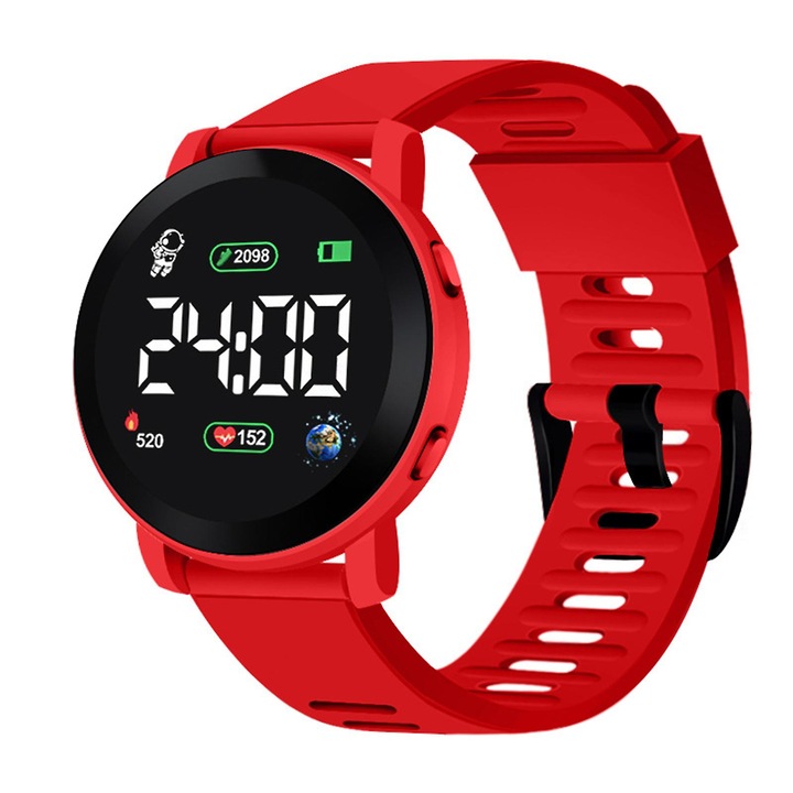 Ceas digital sportiv pentru copii, rosu, cu display LED, bratara din silicon, impermeabil, set