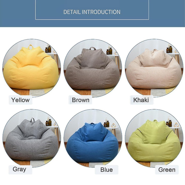 Husa pentru scaun bean bag, 80x90cm, 90x110cm, 100x120cm, verde, khaki, gri, albastru, maro, galben