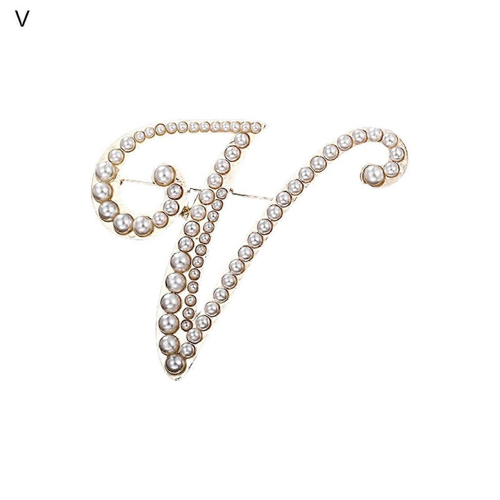 Brosa femei, design litera V, perle false, 7x6cm