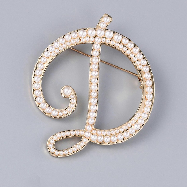 Brosa femei, design litera, decorata cu perle false, 7x6cm