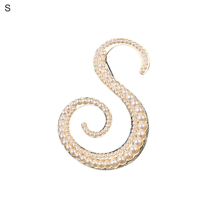 Brosa femei, design litera S, decorata cu perle false, 7x6cm