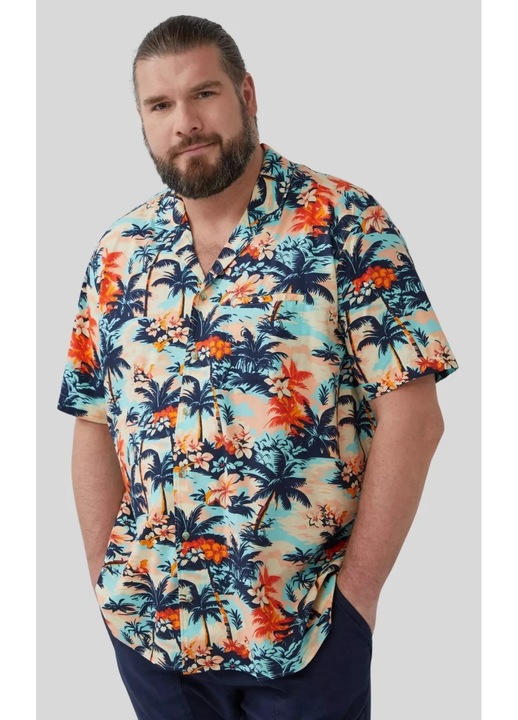 S.Oliver Big Sizes Мъжка риза големи размери с къс ръкав и тропически принт, Regular fit, Многоцветен