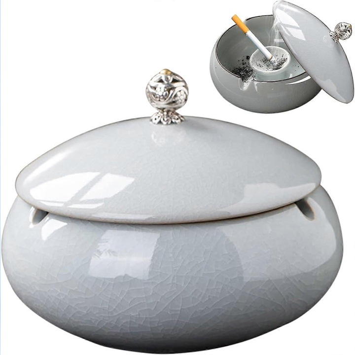 Scrumiera ceramica alba cu capac, design labirint, 10x10x12cm