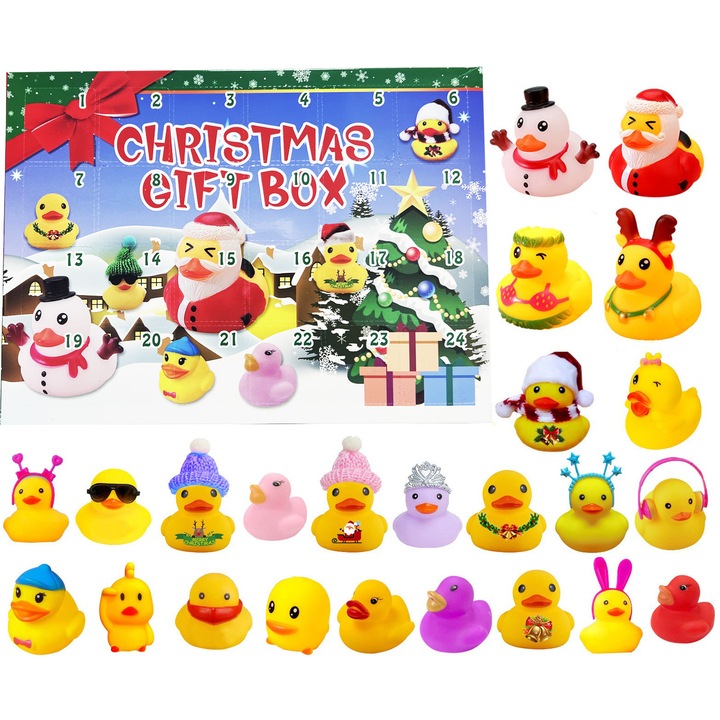 Calendar de Advent cu Rate de Cauciuc, Set de 24 Zile, Jucarii Colorate, Cutie Cadou