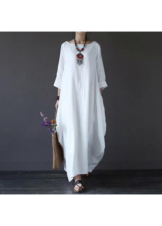 Rochie de vara, alb, bumbac, lunga, pentru femei