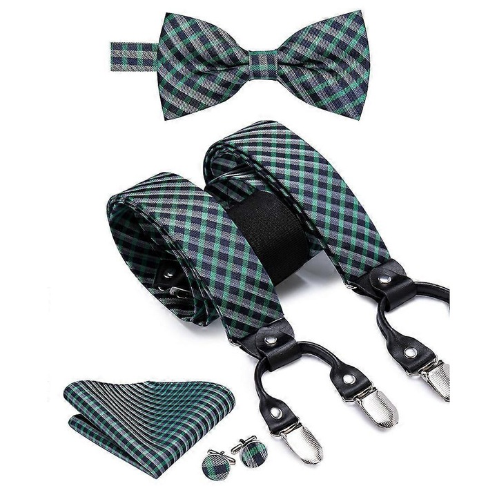 Мъжки тиранти, модел BD3037, еластични, комплект с папионка, кърпичка и копчета за ръкавели, многоцветни, 3.5см x 143см